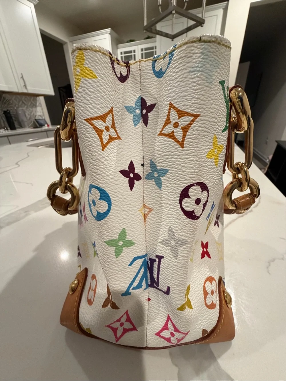 Louis Vuitton White Multicolor Monogram Satchel with Tan Handles - Picture 5 of 7